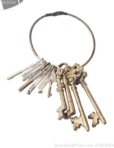 Image of Old keychain with many keys isolated with path