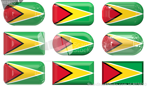 Image of nine glass buttons of the Flag of Guyana