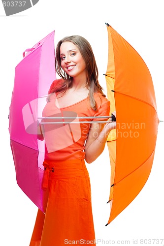 Image of Young woman with color umbrellas