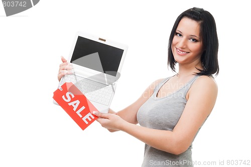 Image of Woman offer laptop sale
