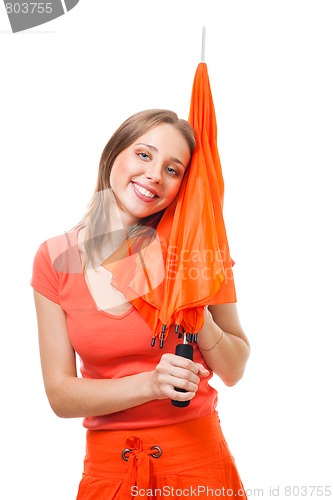 Image of Happy woman with umbrella