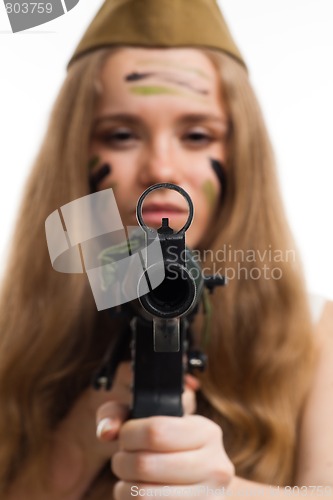 Image of Woman look at camera through gun sight