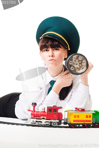 Image of Angry railroad worker look at you