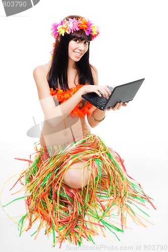 Image of Native woman in bikini with laptop