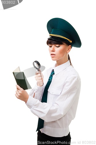 Image of Customs control worker carefully check documents
