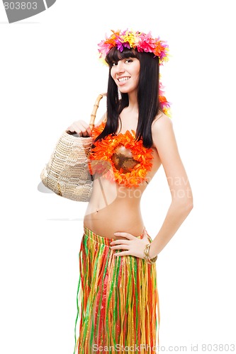 Image of Woman in costume made of flowers hold basket