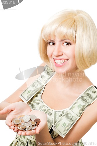 Image of Happy blond woman with hollow of coins