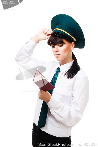 Image of Confused customs worker woman