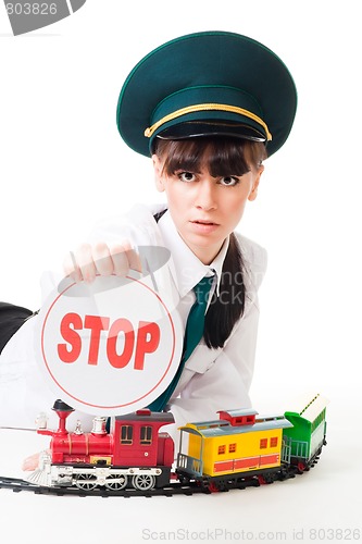 Image of Railroad worker with stop sign
