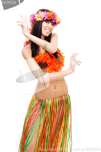 Image of Girl in bikini dance wearing flowers crown