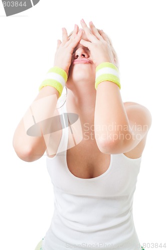 Image of Sad woman close eyes with hands