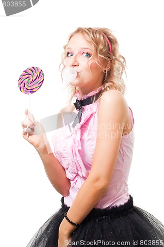 Image of Funny school girl with bubblegum and lolipop