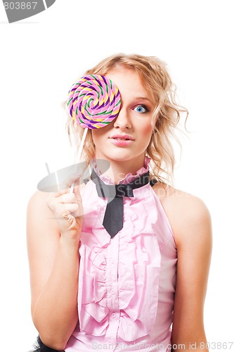 Image of woman with lollipop in pink dress