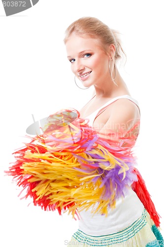 Image of Woman cheer leader smile and shake pompoms