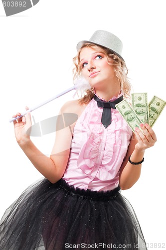 Image of blond woman illusionist with dollars