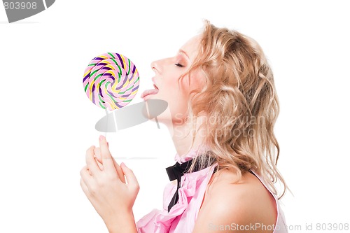 Image of Blond girl lick lollipop