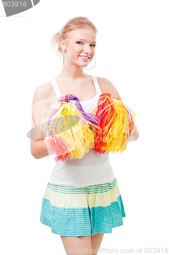 Image of Woman cheer leader with pompoms