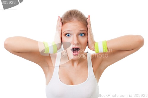 Image of shocked sad woman hold head with hands