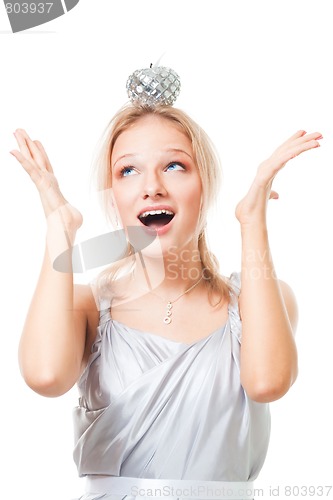 Image of Positive surprised woman with apple