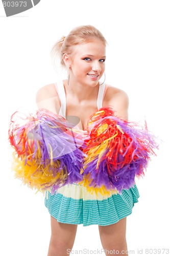 Image of woman cheer leader shaking pompoms