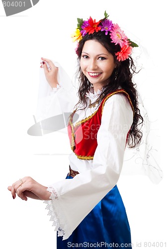 Image of Happy woman in Greek national costume