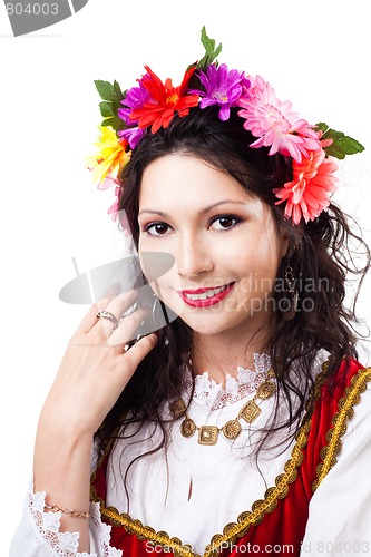 Image of Happy woman wear wreath of flowers