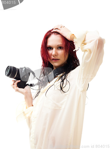 Image of Seductive shocked woman posing dry cash