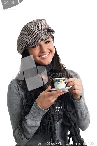 Image of Young woman smile with cup of coffee