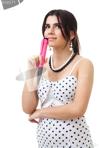 Image of Woman thinking holding conceptual pen
