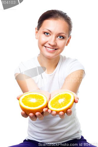 Image of Happy young woman offer orange