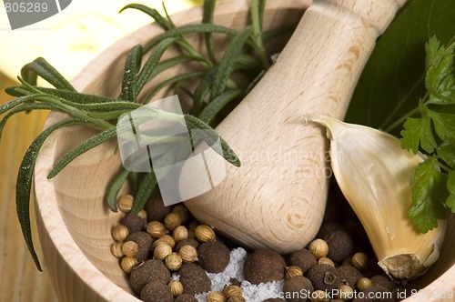 Image of Mortar with fresh herbs and allspice berries