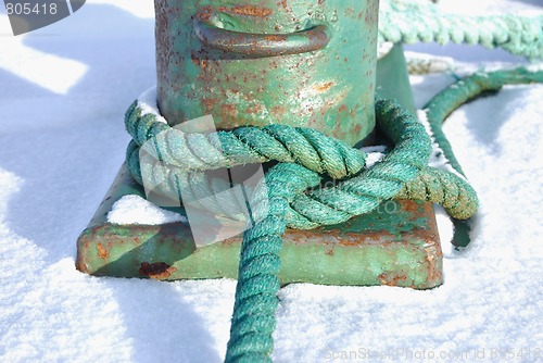Image of Green Rope Knotted Around a Bollard