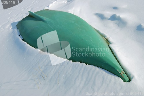 Image of Green Boat in Snow