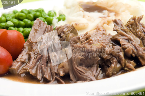 Image of   sliced pot roast beef dinner with peas mashed potatoes and gravy