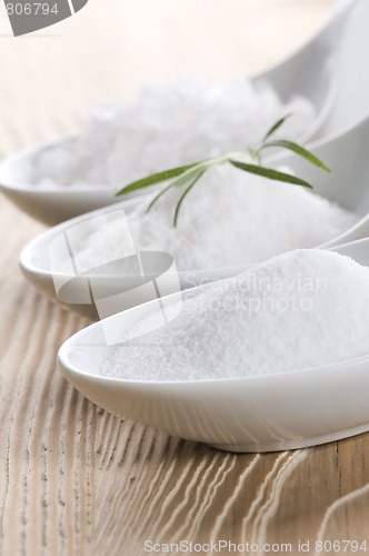 Image of three spoons with difrent salt and rosemary

