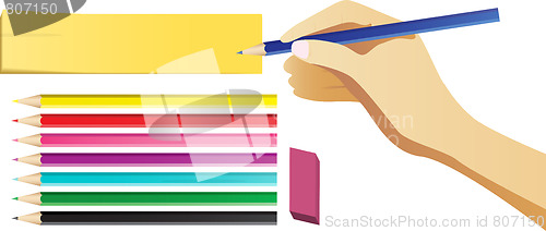 Image of Hand writing on note with set of colored pencils.