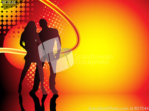 Image of Beautiful couple silhouette with grunge summer background.