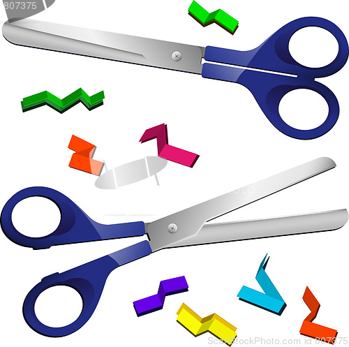Image of Two Scissors with cut paper pieces