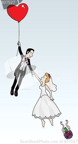 Image of Just married couple flying