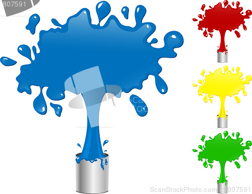 Image of Blue, Red, Yellow and Green Paint Splash Buckets.