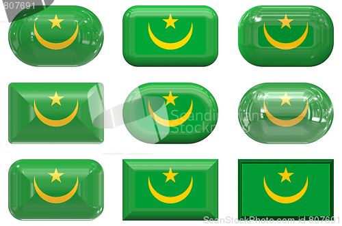 Image of nine glass buttons of the Flag of Mauritana