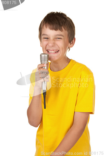 Image of boy with microphone on white