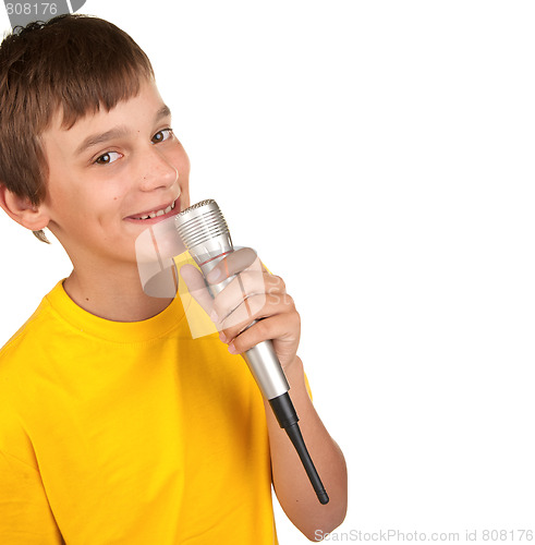 Image of boy with microphone on white