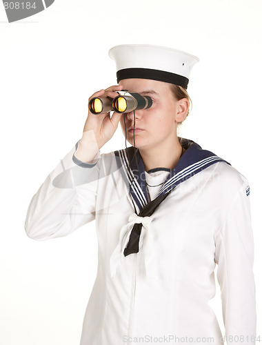 Image of young sailor with binoculars isolated white background