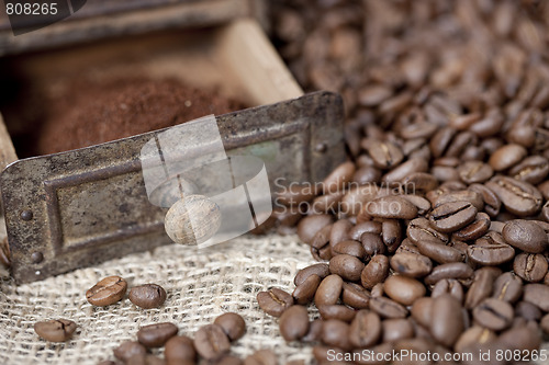 Image of Detail of an old coffee grinder with coffee beans