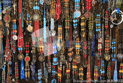 Image of Vibrant ethnic necklaces from the village market, Morocco