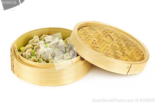 Image of Bamboo steamer with dumplings