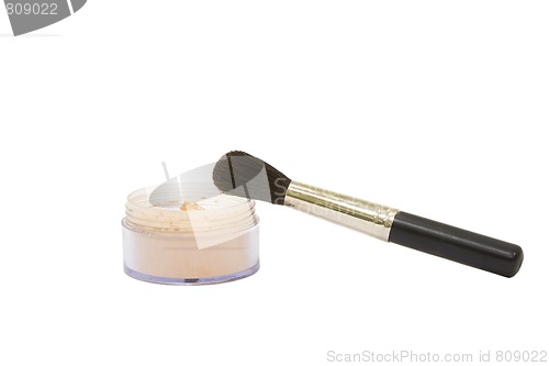 Image of Opened make-up powder jar with brush