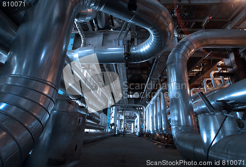 Image of Pipes, tubes, machinery and steam turbine at a power plant