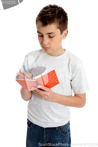 Image of School boy writing in book